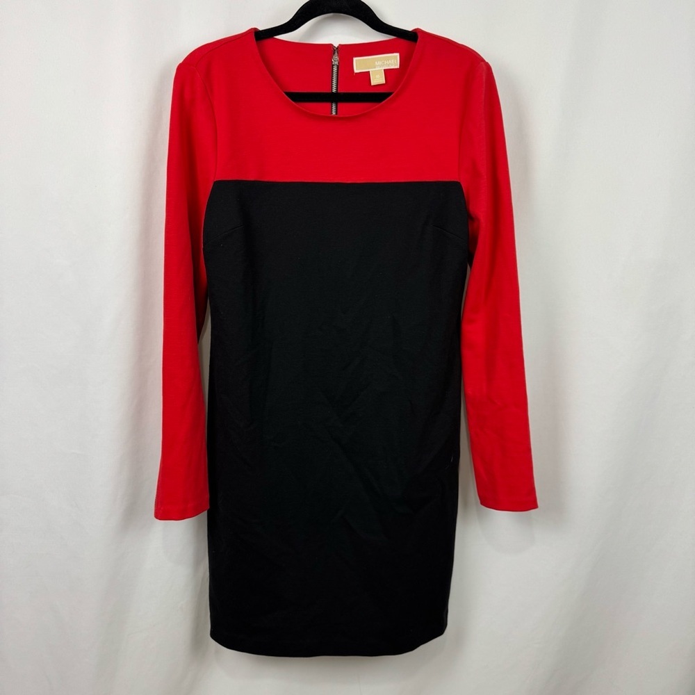 Michael Kors Women’s Sz 10 Red & Black Zip Long Sleeve Sheath Dress Knee Length